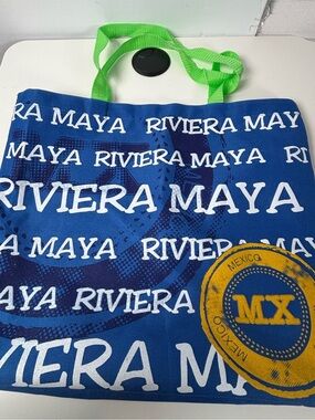 Palm Riviera Maya Mexico Blue Canvas Zipper Tote Bag Green Straps Beach Bag